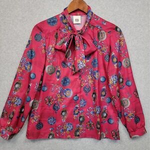 Vtg Nikki Tie Neck Long Sleeve Blouse Pocket Watch Time Piece Print Sz M 11/12